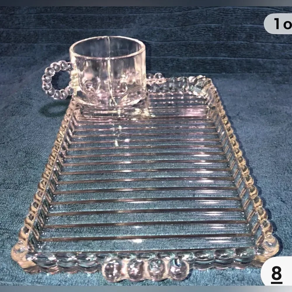 Hazel Atlas Ball & Rib Elegant Clear Glass Smoke Snack & Sip Tray 6 Oz Cup Set
